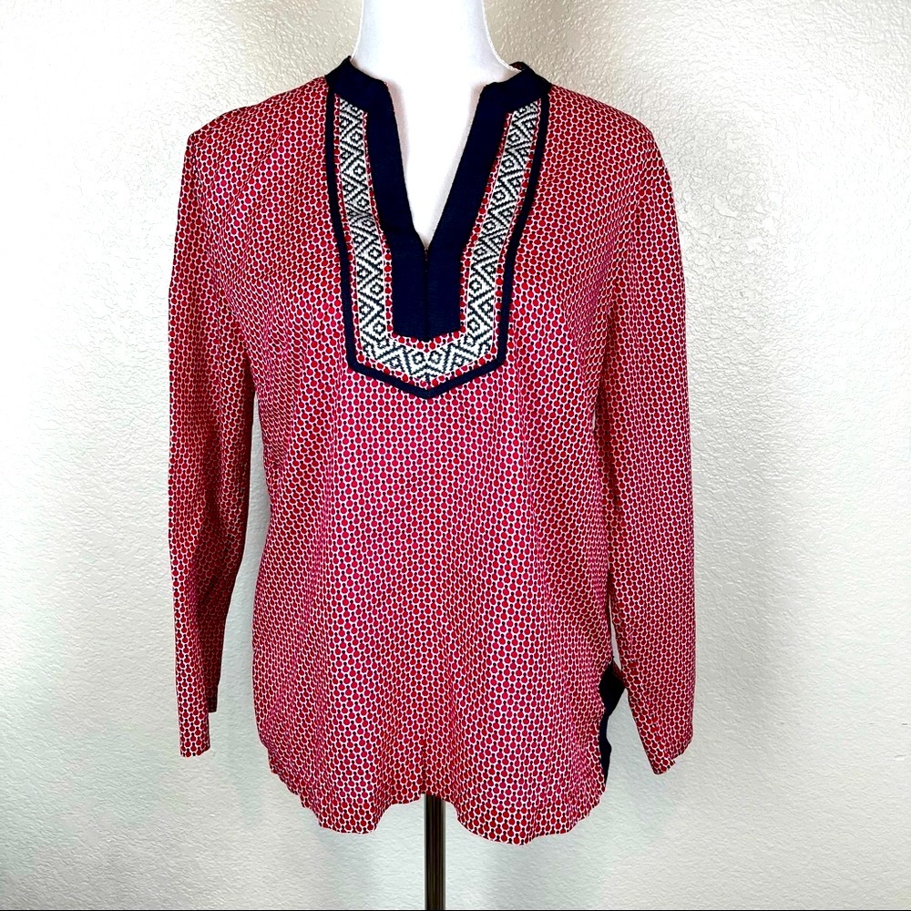 Talbots Tunic Top Blouse Red Embroidered Size Medium Long Sleeve